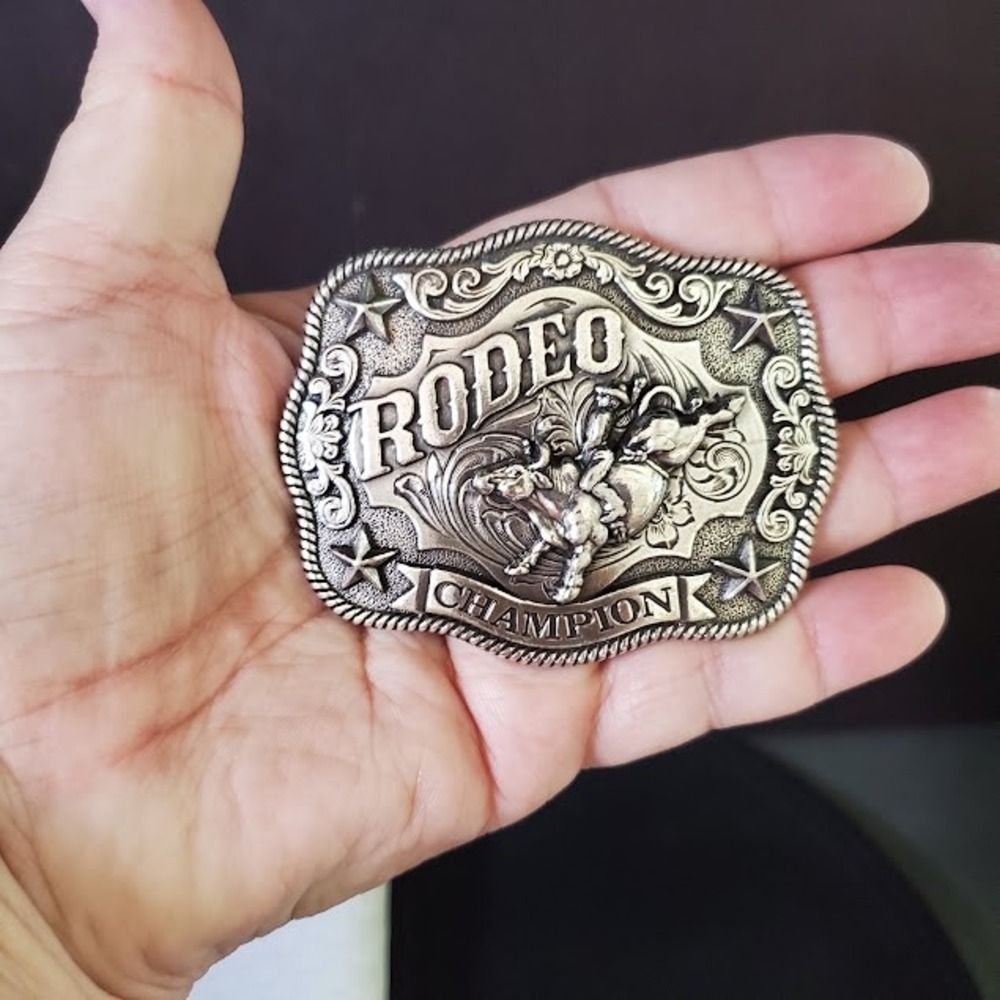 Rodeo Champion Belt Buckle Silver Tone Bull Rider Western Cowboy Star